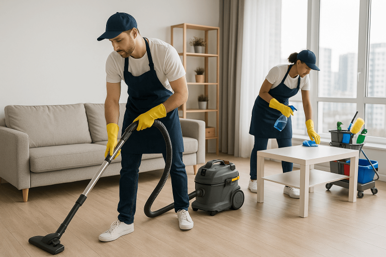 Two people in uniforms and yellow gloves clean a bright living room. One vacuums the floor, while the other wipes a table near a window with supplies.